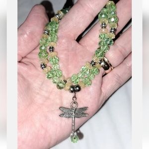 Beautiful Stretchy Glass Beaded Dragonfly Charm Bracelet Green Yellows